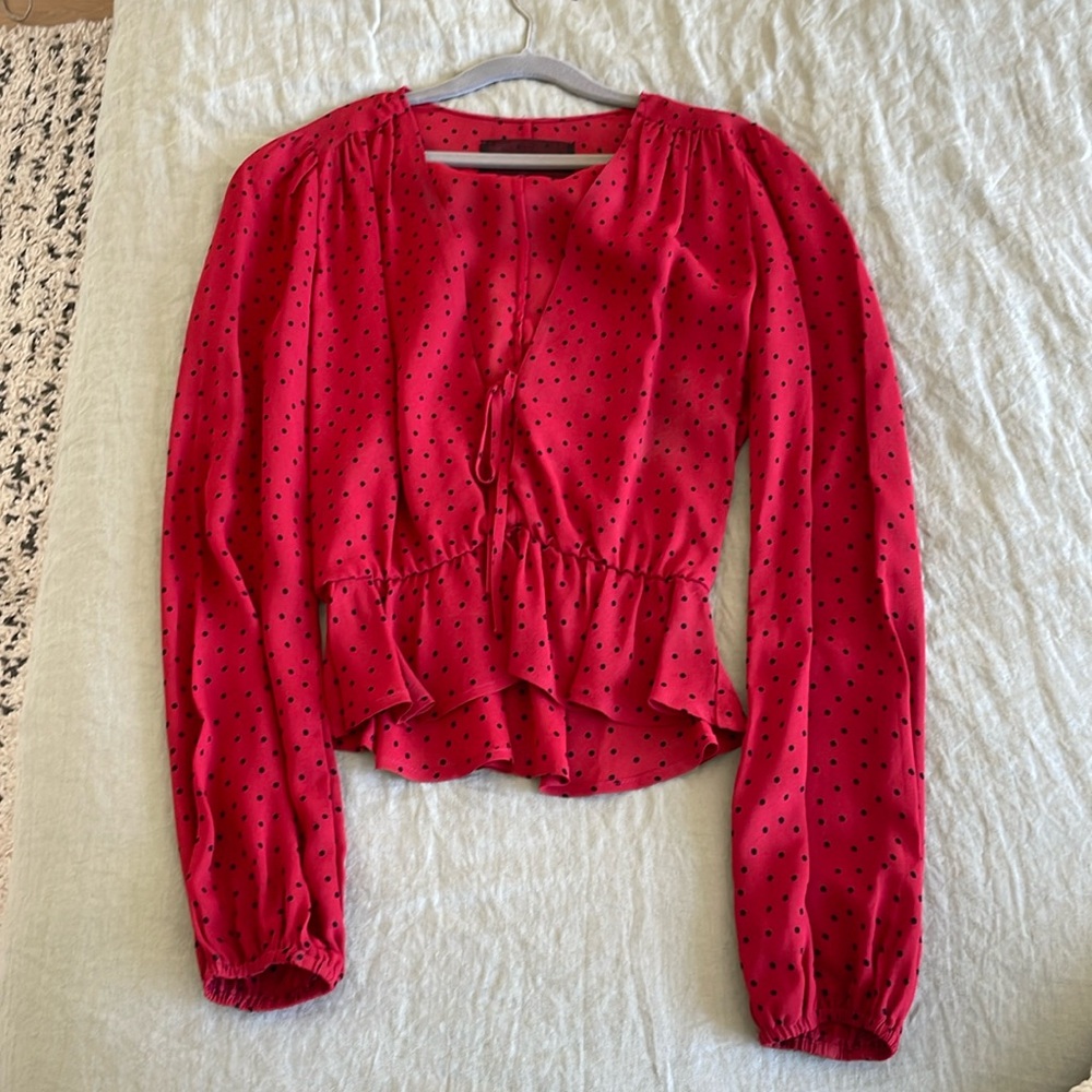 REFORMATION Nikki Tie Front Top Shirt Womens XS Red Black Long Sleeve V-neck